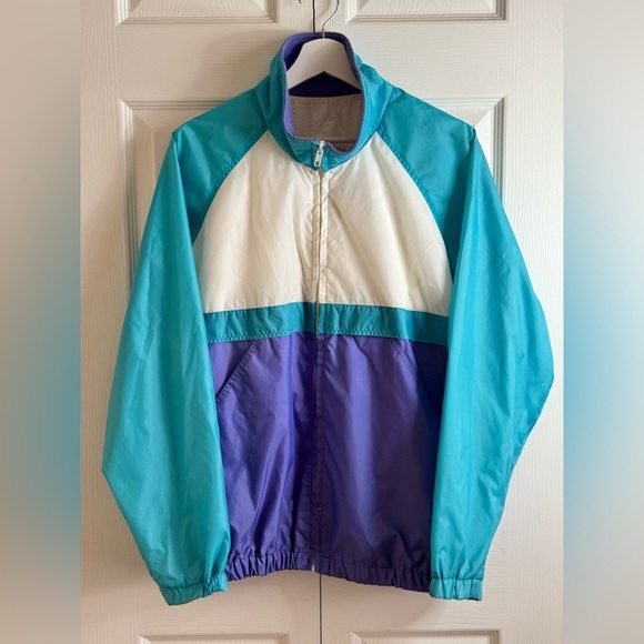 Vintage BE IN THE CURRENT SEEN Windbreaker Womens Large Jacket Blue 80s Belarus - Picture 1 of 11
